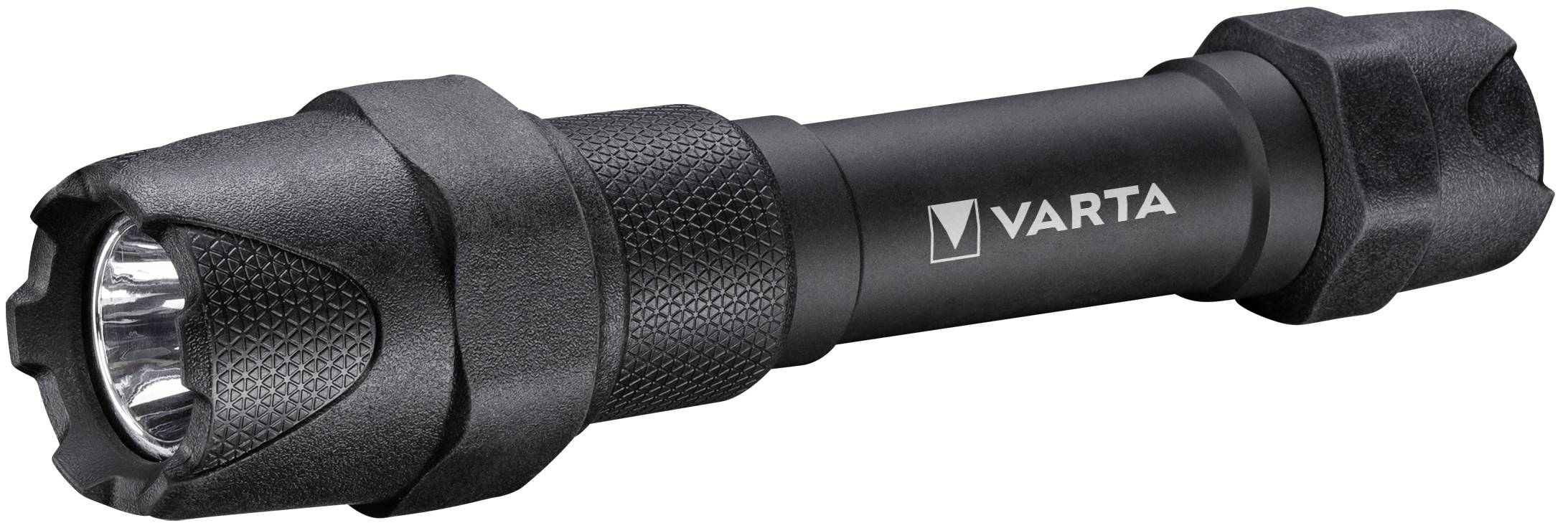 Schwarze LED-Taschenlampe der Marke Varta, zylindrische Form mit griffiger Textur.