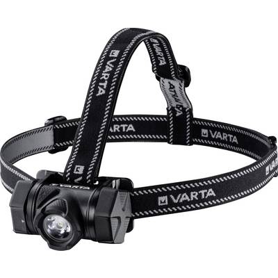 Schwarze Stirnlampe von Varta mit verstellbarem Gurt und zentralem LED-Licht.