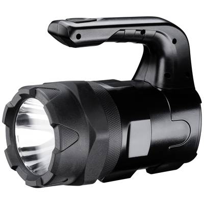 Schwarze, robuste Taschenlampe mit ergonomischem Griff. Eignet sich für Outdoor-Aktivitäten und Notfälle durch starke Beleuchtung.
