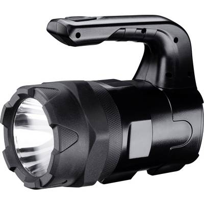 Eine schwarze, kompakte Taschenlampe mit kräftigem Griff und breitem Lichtkegel. Ideal für Outdoor-Nutzung in dunklen Umgebungen.