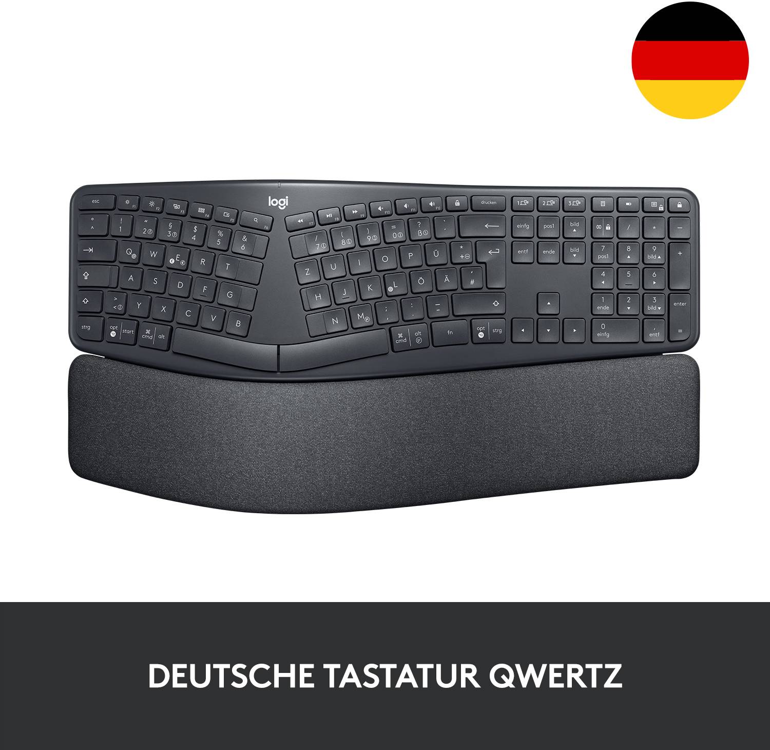 Deutsche ergonomische QWERTZ-Tastatur mit geschwungenem Design und Handballenauflage, neben einer deutschen Flagge.