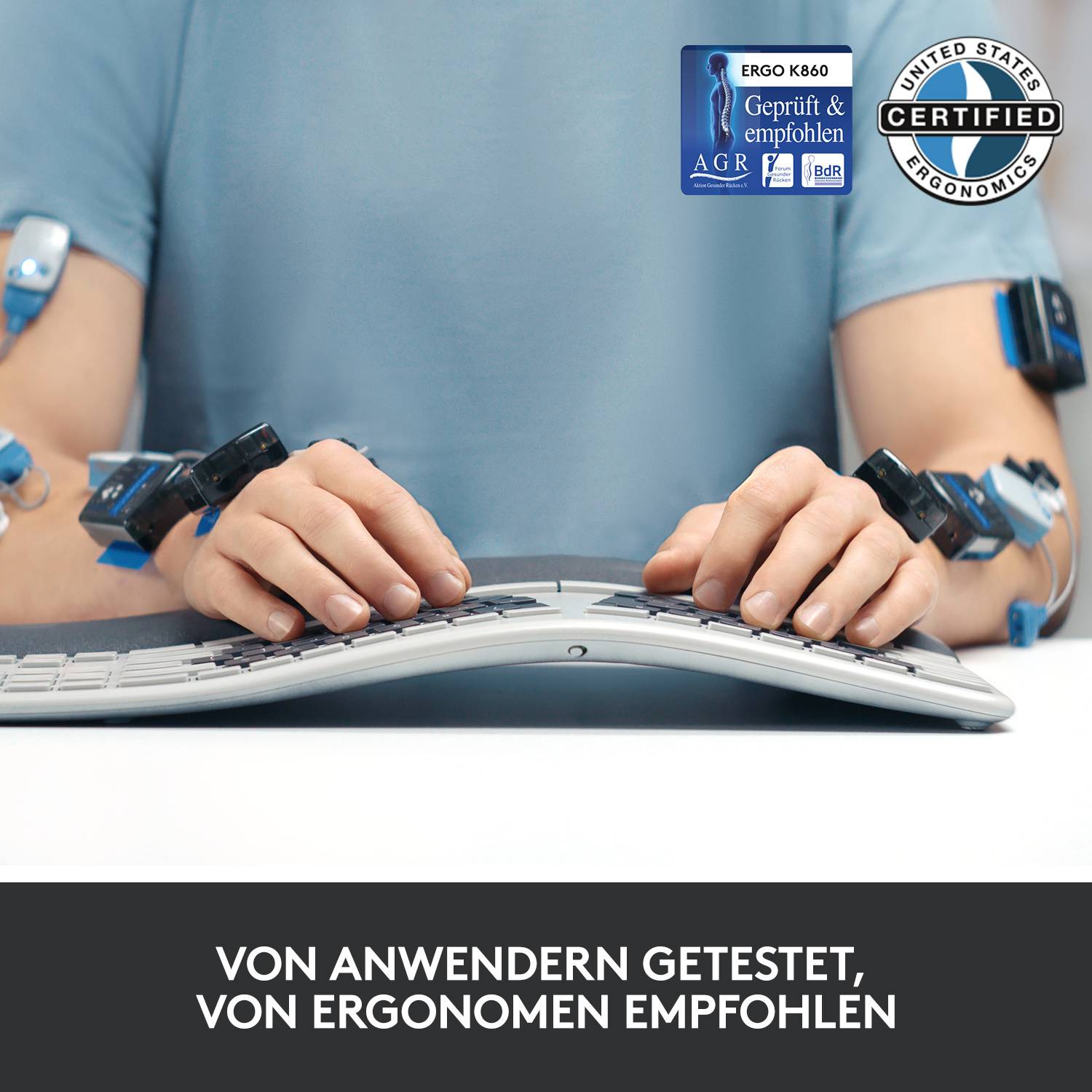 Eine Person tippt auf einer ergonomischen Tastatur. Text: 'Von Anwendern getestet, von Ergonomien empfohlen'. Ergonomie-Siegel oben rechts.