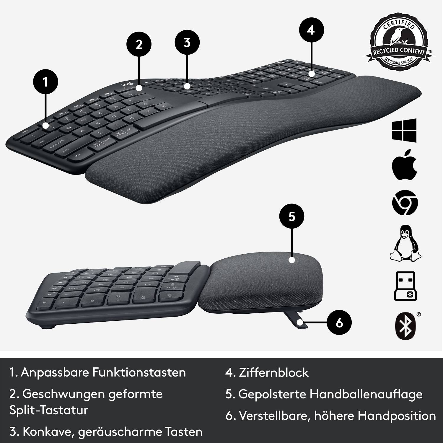 Ergonomische Tastatur mit gepolsterter Handballenauflage, geteiltem Design und Funktionstasten. Symbolen für Kompatibilität gezeigt.