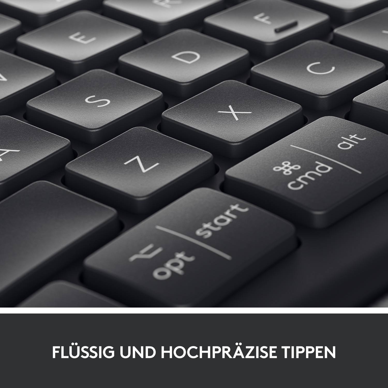 Ein Teil einer Computertastatur in Nahaufnahme mit hervorgehobenen Tasten. Darunter steht der Text 'Flüssig und hochpräzise tippen'.