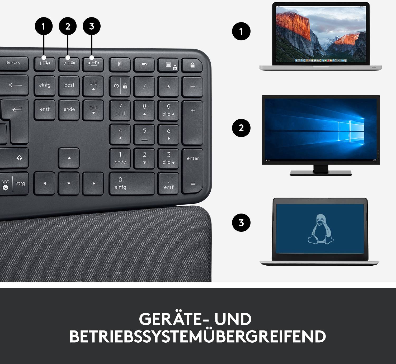 Links im Bild eine Tastatur mit numerischem Tastenfeld; rechts drei nummerierte Bilder von Computern mit verschiedenen Betriebssystemen. Darunter der Text 'Geräte- und betriebssystemübergreifend'.