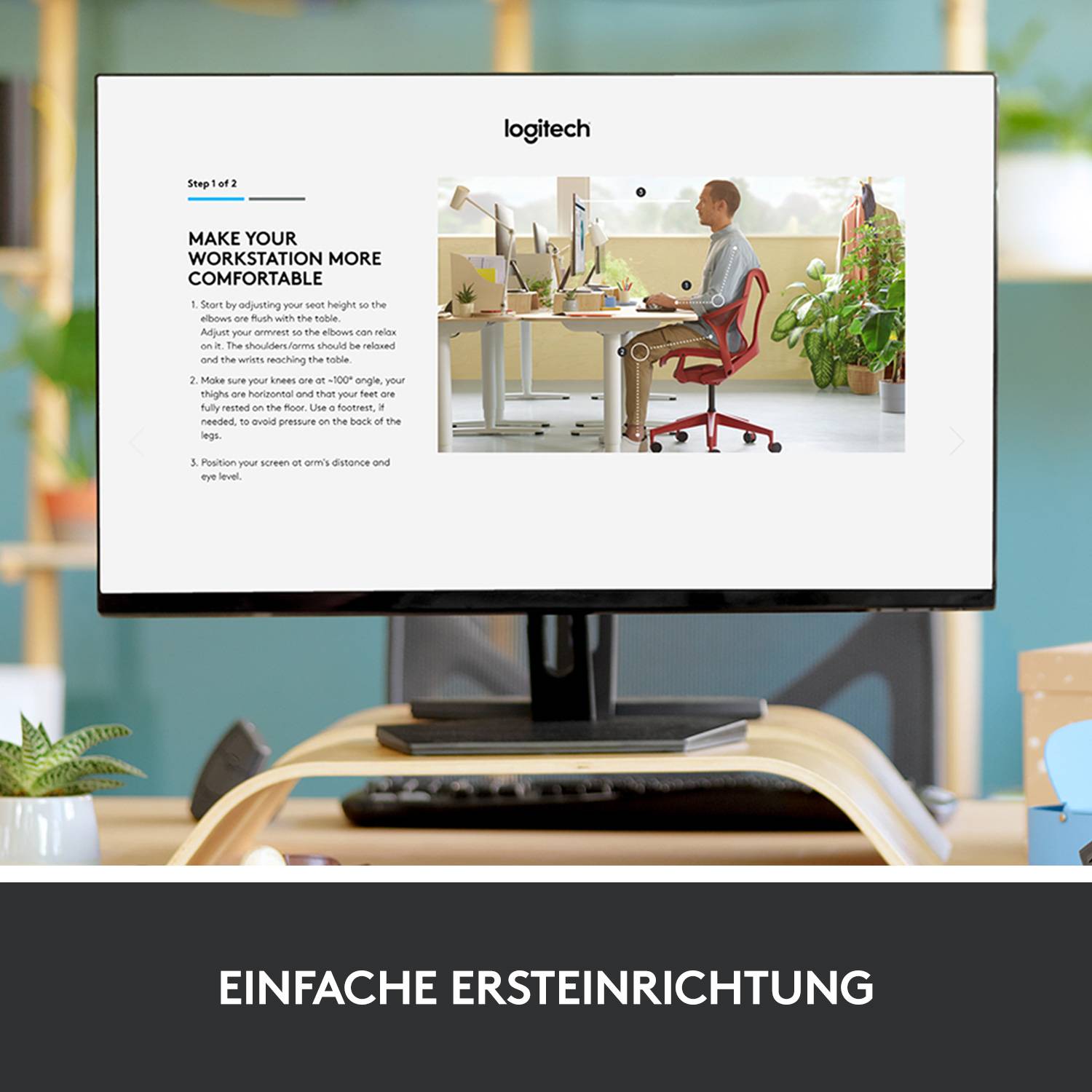 Ein Mitarbeiter sitzt an einem Schreibtisch mit einem Computerbildschirm und Pflanzen. Text zeigt Tipps zur ergonomischen Arbeitsplatzgestaltung.