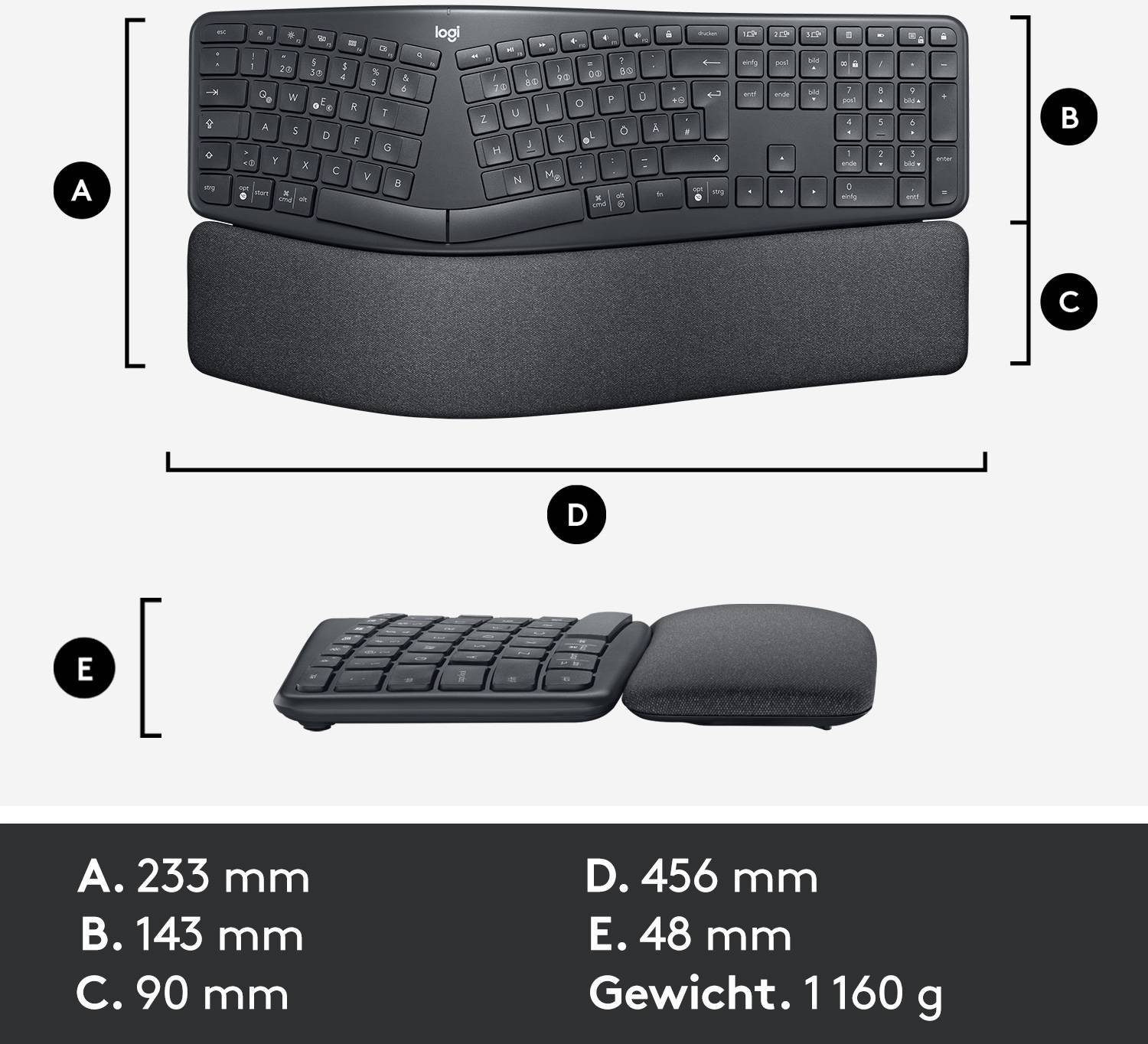 Ergonomische Tastatur mit Handballenauflage. Maße: Breite 456 mm, Höhe 48 mm, Tiefe 233 mm, Handauflage Tiefe 143 mm, Gewicht 1160 g.