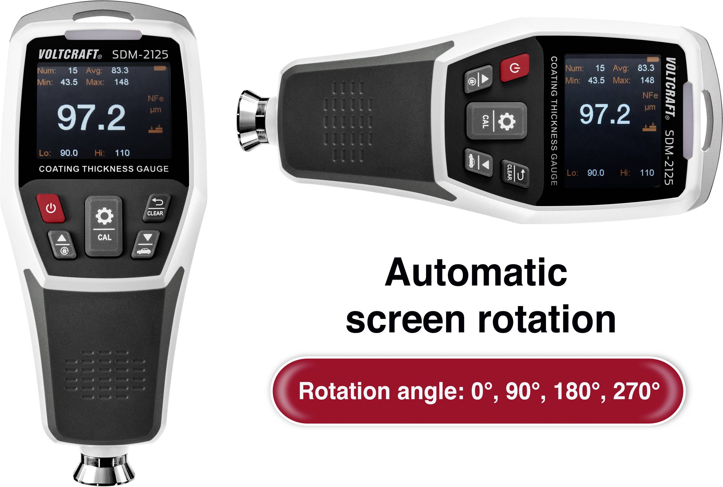 Zwei Schichtdickenmessgeräte mit Displayanzeige und Tasten. Automatische Bildschirmrotation in vier Winkeln: 0°, 90°, 180°, 270°.