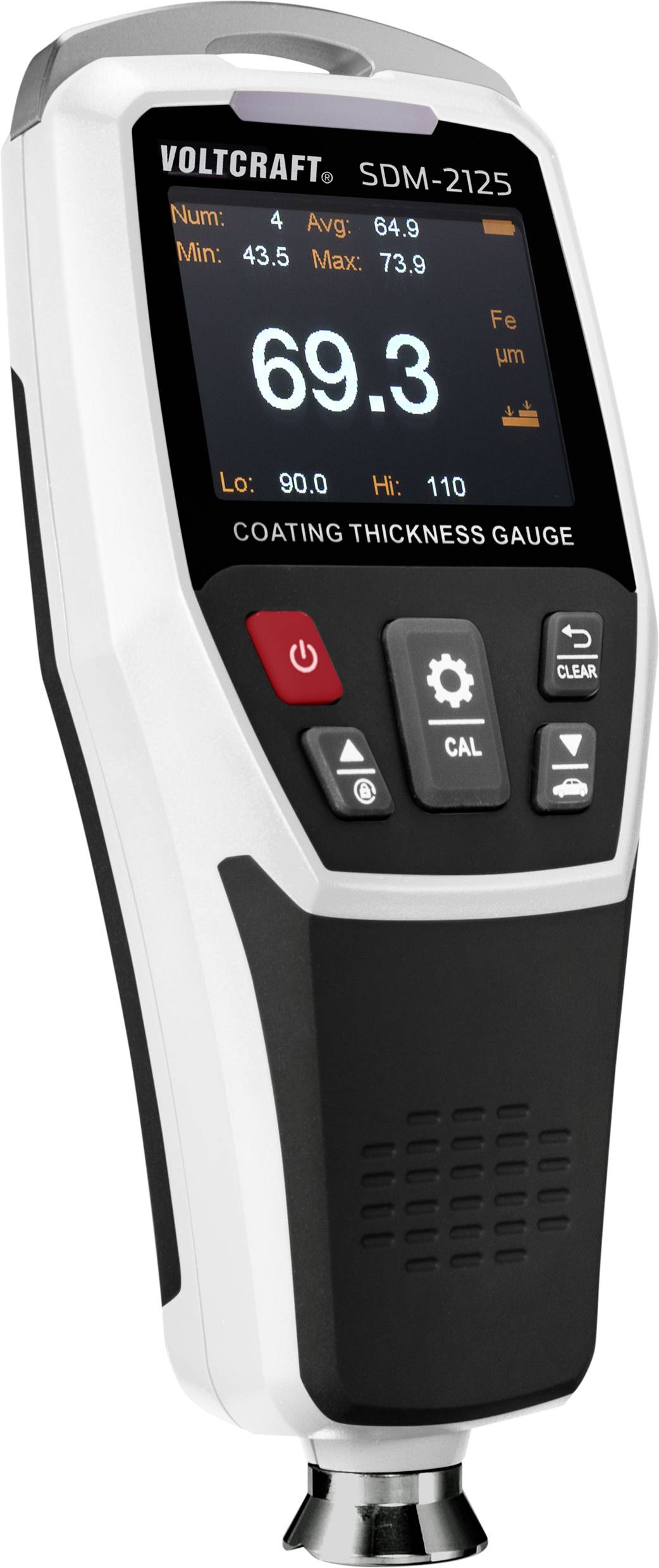 Das Bild zeigt ein Schichtdickenmessgerät mit einem digitalen Display. Es zeigt eine Messung von 69,3 Mikrometern.