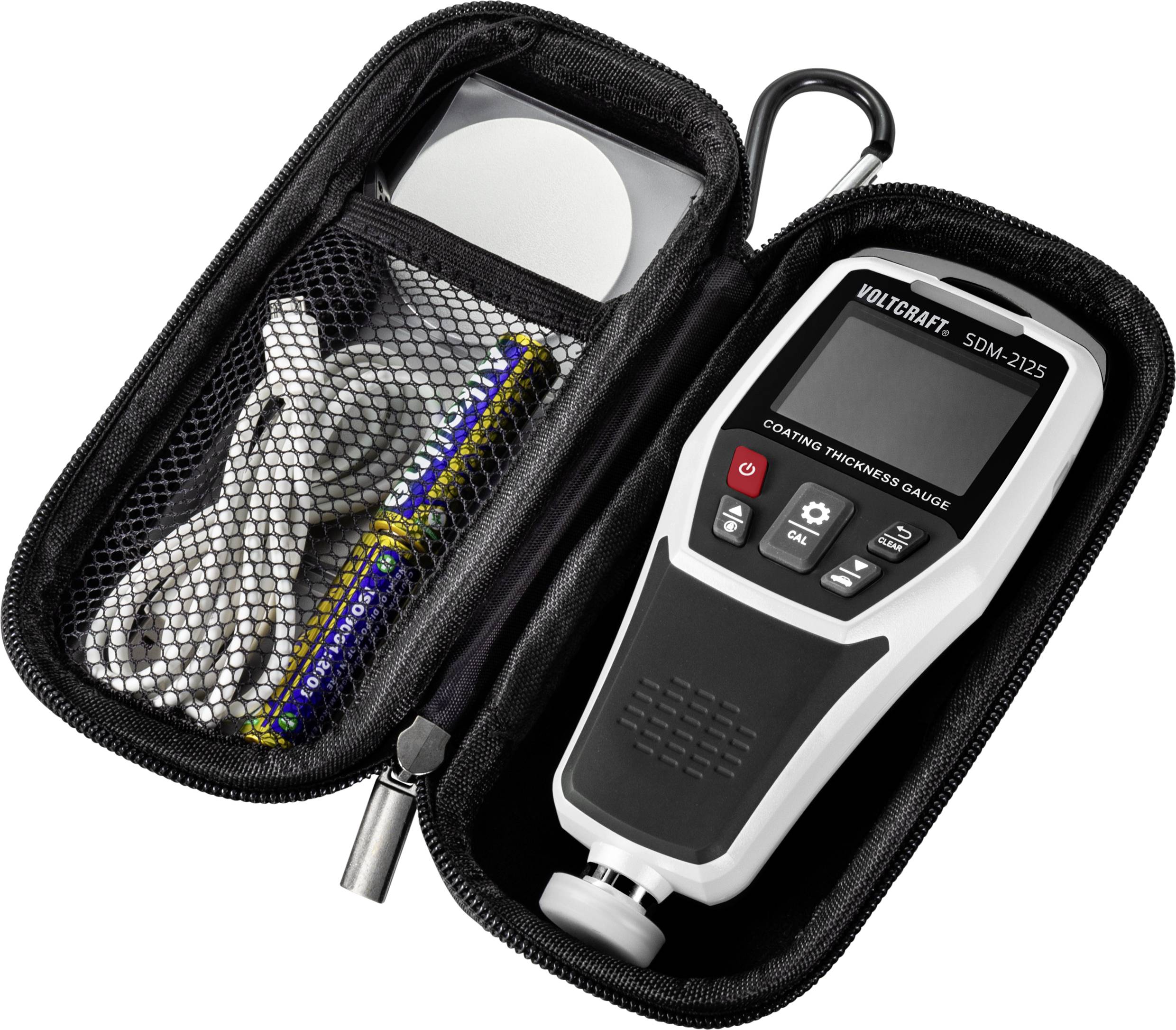 'CSD-2125 Dichtemessgerät mit Zubehör, einschließlich Batterien und Kabel in einer schwarzen Schutztasche mit Reißverschluss.'