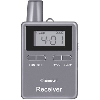 Ein grauer tragbarer Empfänger von Albrecht mit Digitalanzeige, zeigt '4 CH' und Batteriestand. Tasten für Funktionen, Lautstärke.