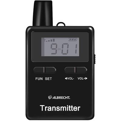Kleiner schwarzer Funkgerät-Sender mit digitalem Display, zeigt Kanal '9' und Batterieanzeige. Zwei Lautstärketasten und ein Ein/Aus-Schalter darunter.