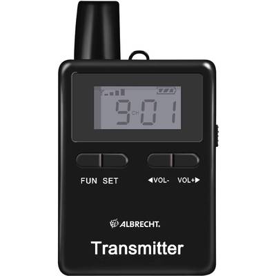 Ein schwarzer Funktransmitter mit Display zeigt Kanal '901' und einen Batteriestand an. Darunter befinden sich Funktions- und Lautstärketasten.