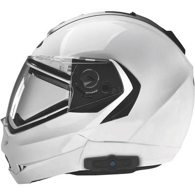 Weißer Motorradhelm mit Visier, seitliche Ansicht. Eingebautes Kommunikationssystem auf der linken Seite erkennbar.