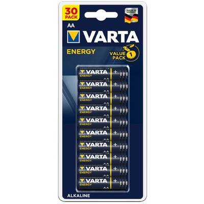 Packung mit 30 Varta AA Batterien, Marke 'Energy', Alkaline, hergestellt in Deutschland. Geeignet für dauerhafte Energieversorgung.