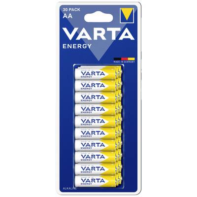 'VARTA Energy' 30er-Pack AA-Alkalibatterien in gelb-weißer Verpackung, 'Made in Germany' Hinweis oben rechts.