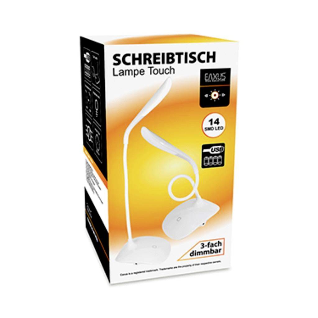 Verpackung der Schreibtischlampe mit Touch-Funktion, 14 SMD-LEDs, 3-fach dimmbar, USB-Anschluss. Beleuchtungsbild und Spezifikationen.