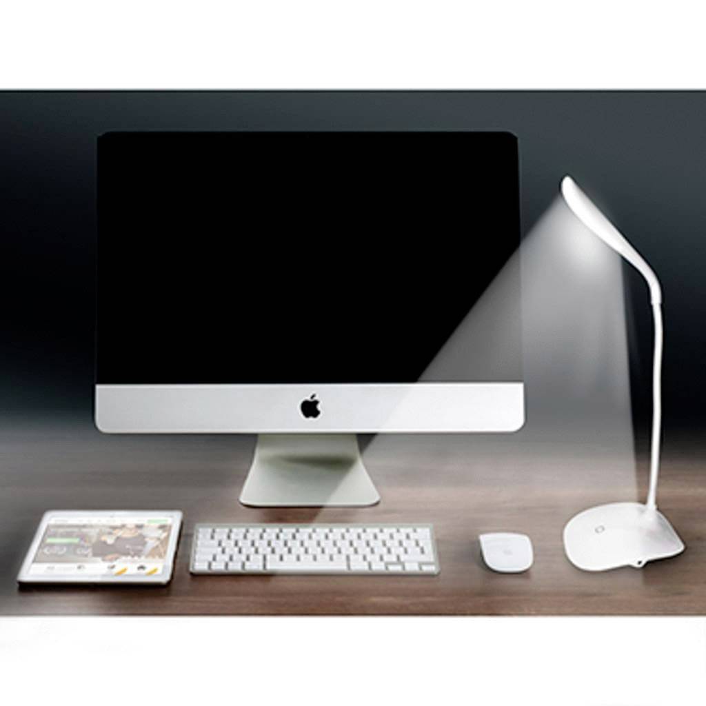 Ein Computerarbeitsplatz mit einem Monitor, einer Tastatur, einer Maus und einer Lampe auf einem Schreibtisch.