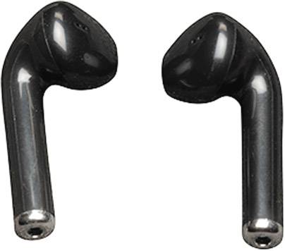 Schwarze kabellose Ohrhörer auf weißem Hintergrund.