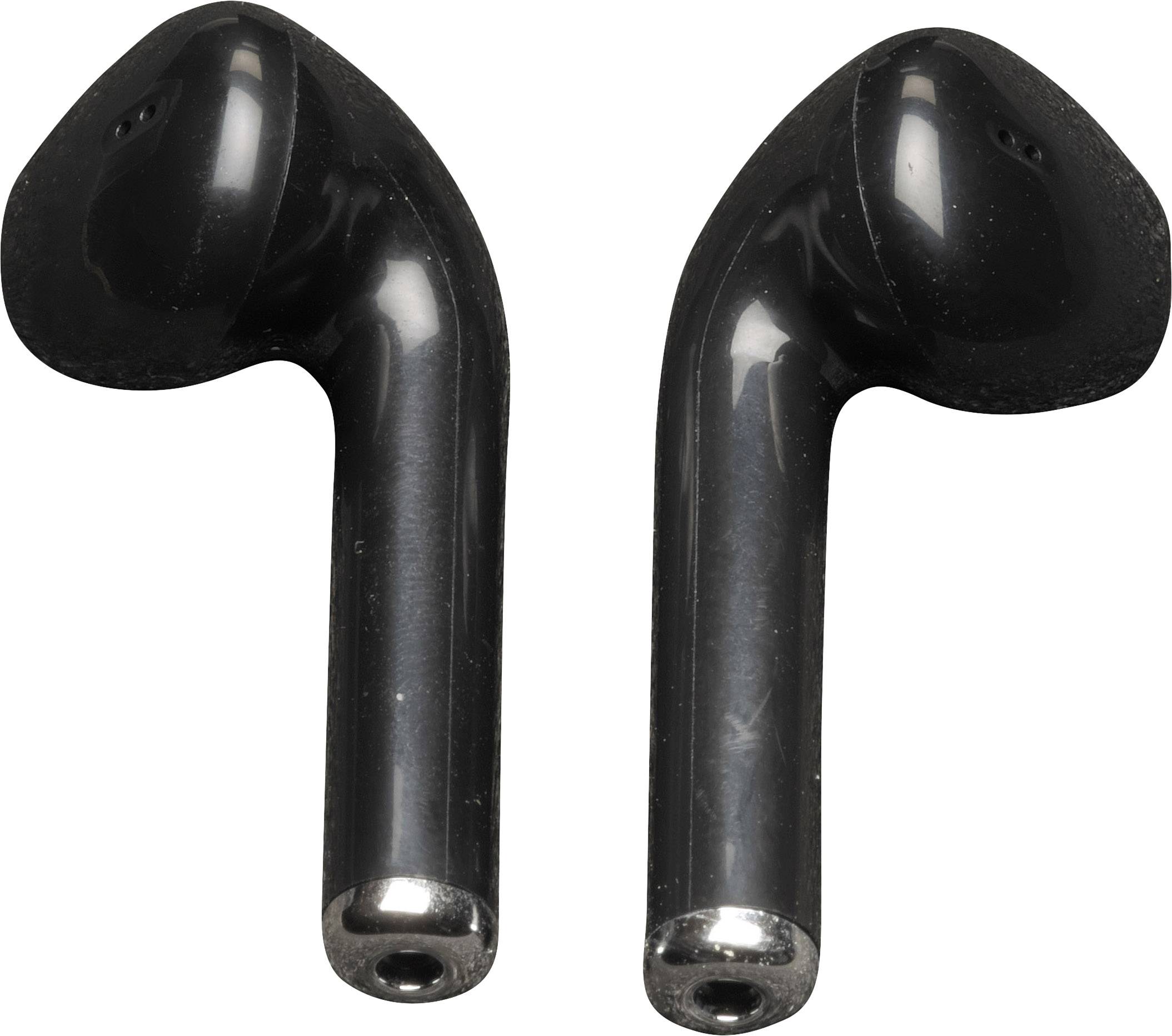 Zwei schwarze, kabellose Ohrhörer liegen nebeneinander, die Hörmuscheln zeigen nach oben.