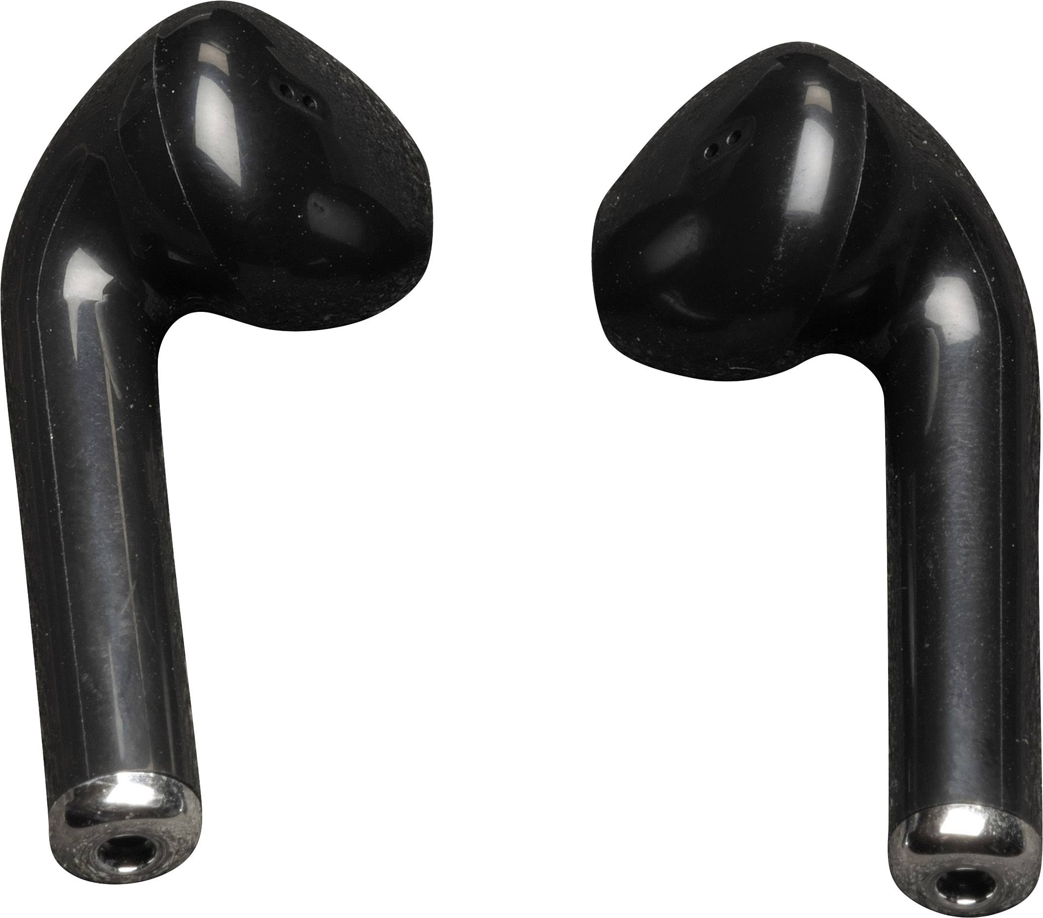 Schwarze kabellose Ohrhörer, leicht angewinkelt zueinander. Ideal für Musikgenuss unterwegs.