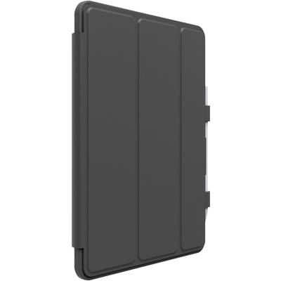 Eine schwarze Tablet-Hülle mit einer dreifach gefalteten Vorderseite, steht leicht geöffnet senkrecht.