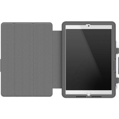 Ein graues Tablet-Etui mit Stifthalterung. Das Etui ist geöffnet und zeigt den Bildschirm des Tablets.