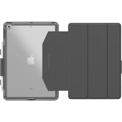 Ein graues iPad-Case mit Schutzhülle und elastischem Halter für einen Stift, bietet Schutz für iPad und Stift. Markenname 'OtterBox' sichtbar.
