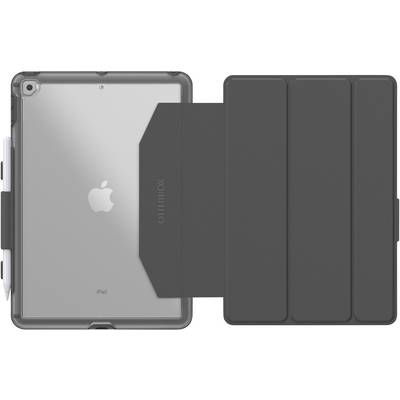 Ein iPad in einer schwarzen OtterBox-Hülle mit einem Apple Pencil an der Seite, Rückseite zeigt das Apple-Logo.