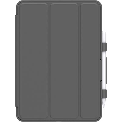 Ein schwarzes Tablet-Hülle mit einer Halterung, die einen weißen Stift an der Seite hält.