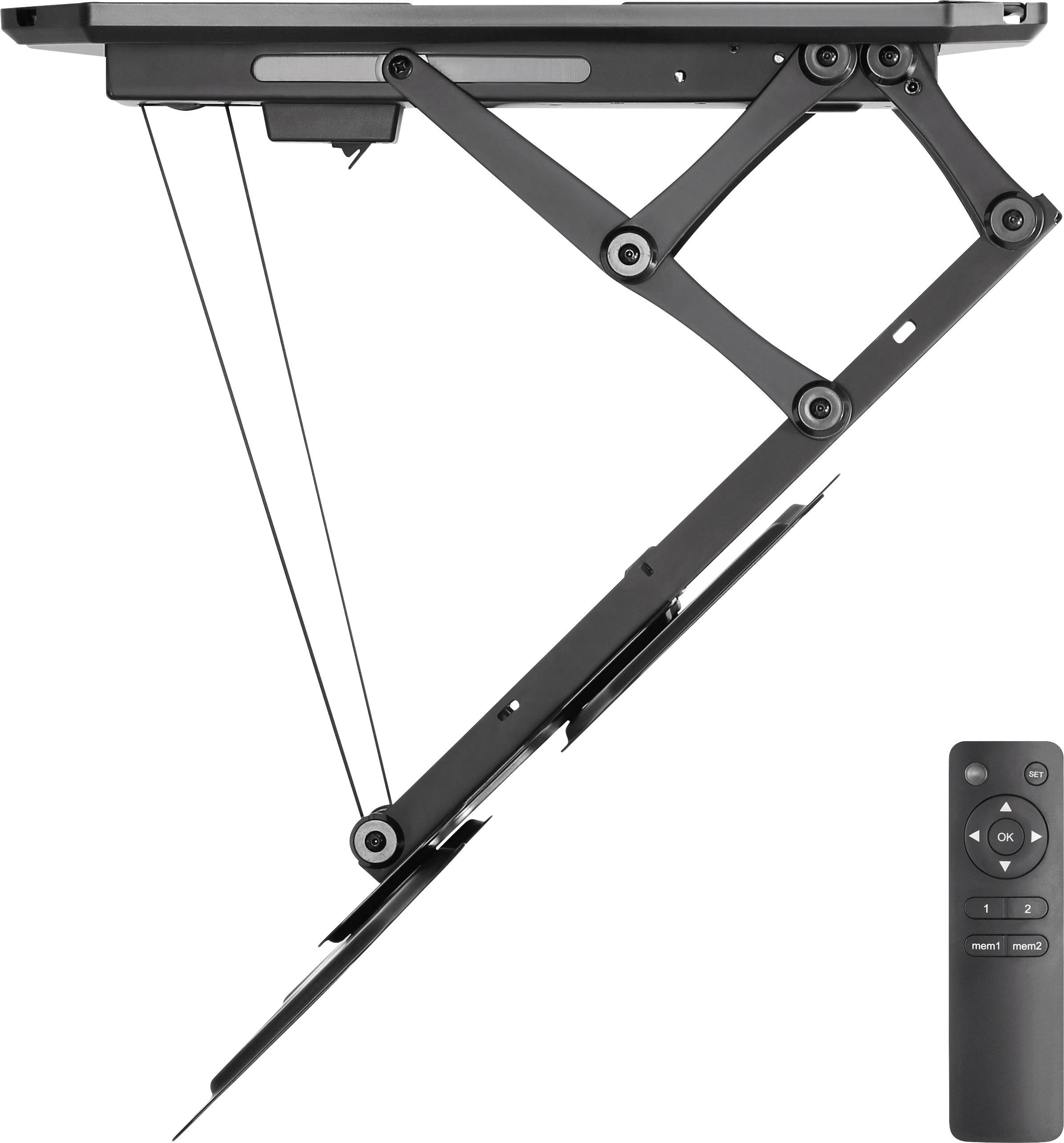 Ein Fernsehhalterungssystem mit einer Fernbedienung. Das System zeigt einen einstellbaren Armmechanismus zur Wandmontage.