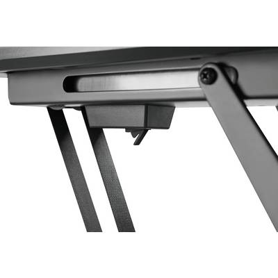 Schwarz-graue Metallverbindung unter einem Tisch mit Beinen in V-Form.