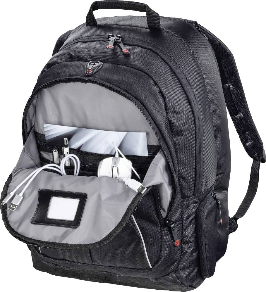 Ein schwarzer Rucksack mit geöffnetem Fach zeigt innen Elektronikartikel wie Kabel und ein Laptop. Ideal für Techniktransport.