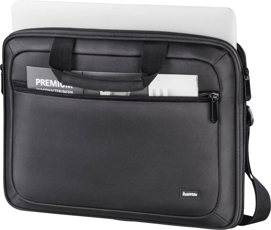 Eine schwarze Laptoptasche mit einem weichen Griff, vorderem Reißverschlussfach und verstellbarem Schultergurt.