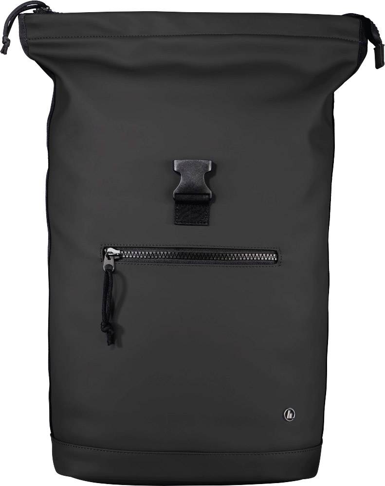 Schwarzer Rucksack mit Rolltop-Verschluss und Frontreißverschlusstasche. Minimalistisches Design für Alltag und Reisen.