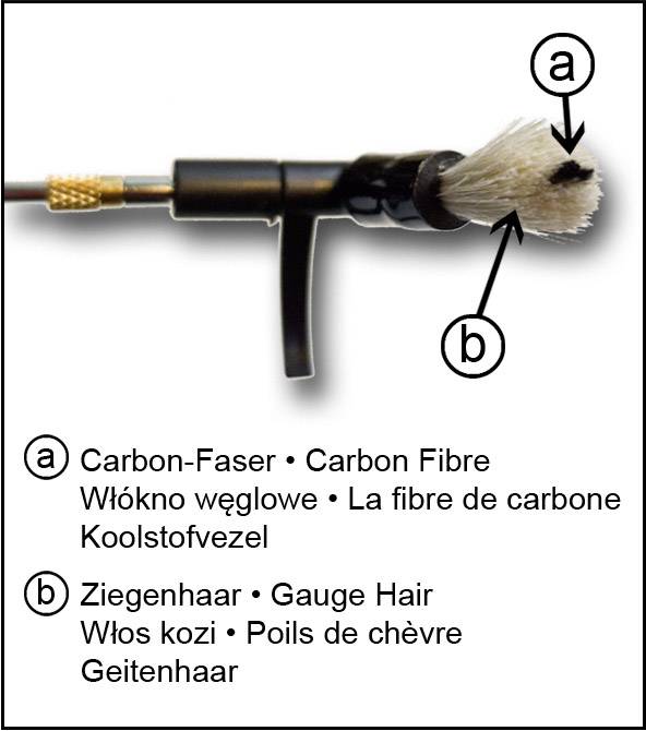 'Bürstenkopf mit Beschriftung a: Carbon-Faser in vier Sprachen, b: Ziegenhaar in vier Sprachen. Schwarzer Griff mit Bürste.'