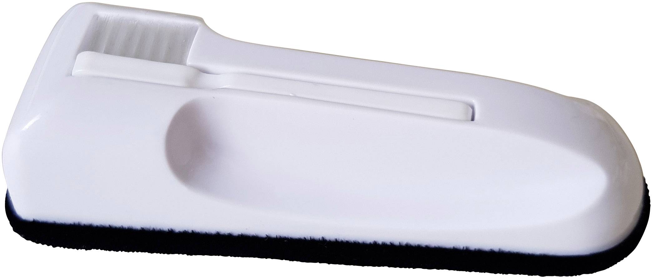 Weiße Schuhputzbürste mit schwarzer Unterseite und seitlichem Griff.