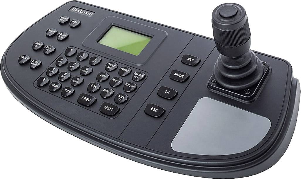 Schwarze Steuerkonsole mit Tastenfeld und Joystick, verwendet zur Steuerung von Überwachungskameras. Enthält Bildschirm für Rückmeldung.