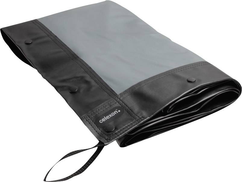 Eine zusammengefaltete, tragbare Leinwand mit schwarzem Rand und grauer Fläche, mit einem 'celexon'-Logo an der Seite.