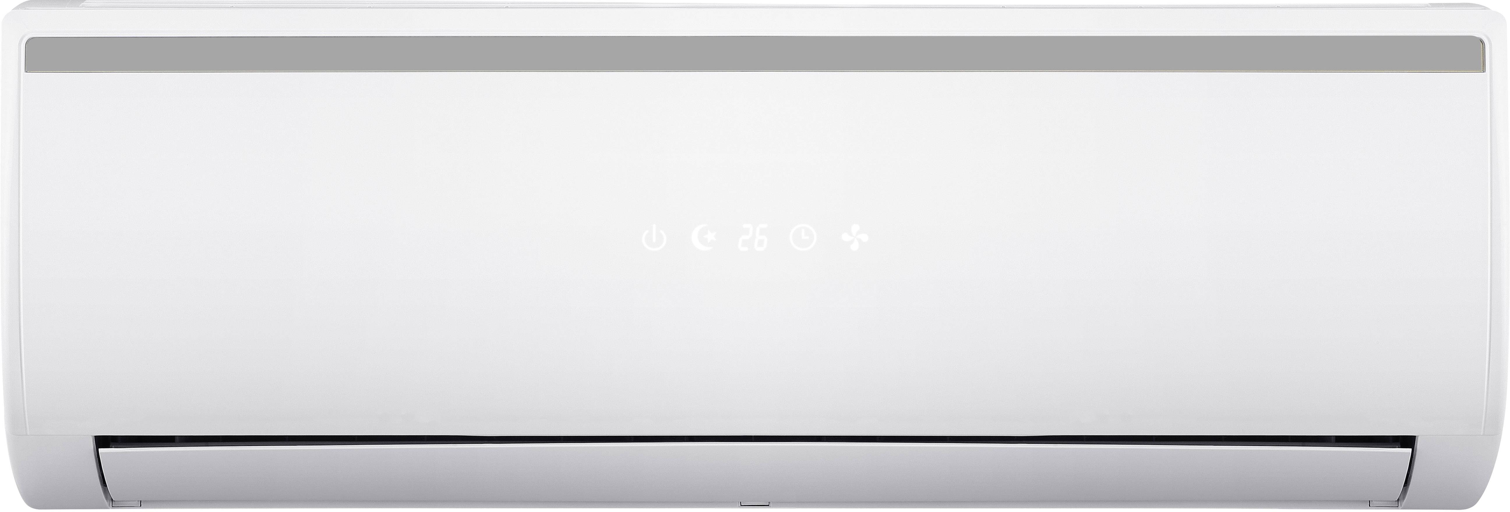 Weiße Klimaanlage mit grauem Bedienfeld auf der Vorderseite, symmetrisches Design, ohne sichtbare Markenkennzeichnungen.