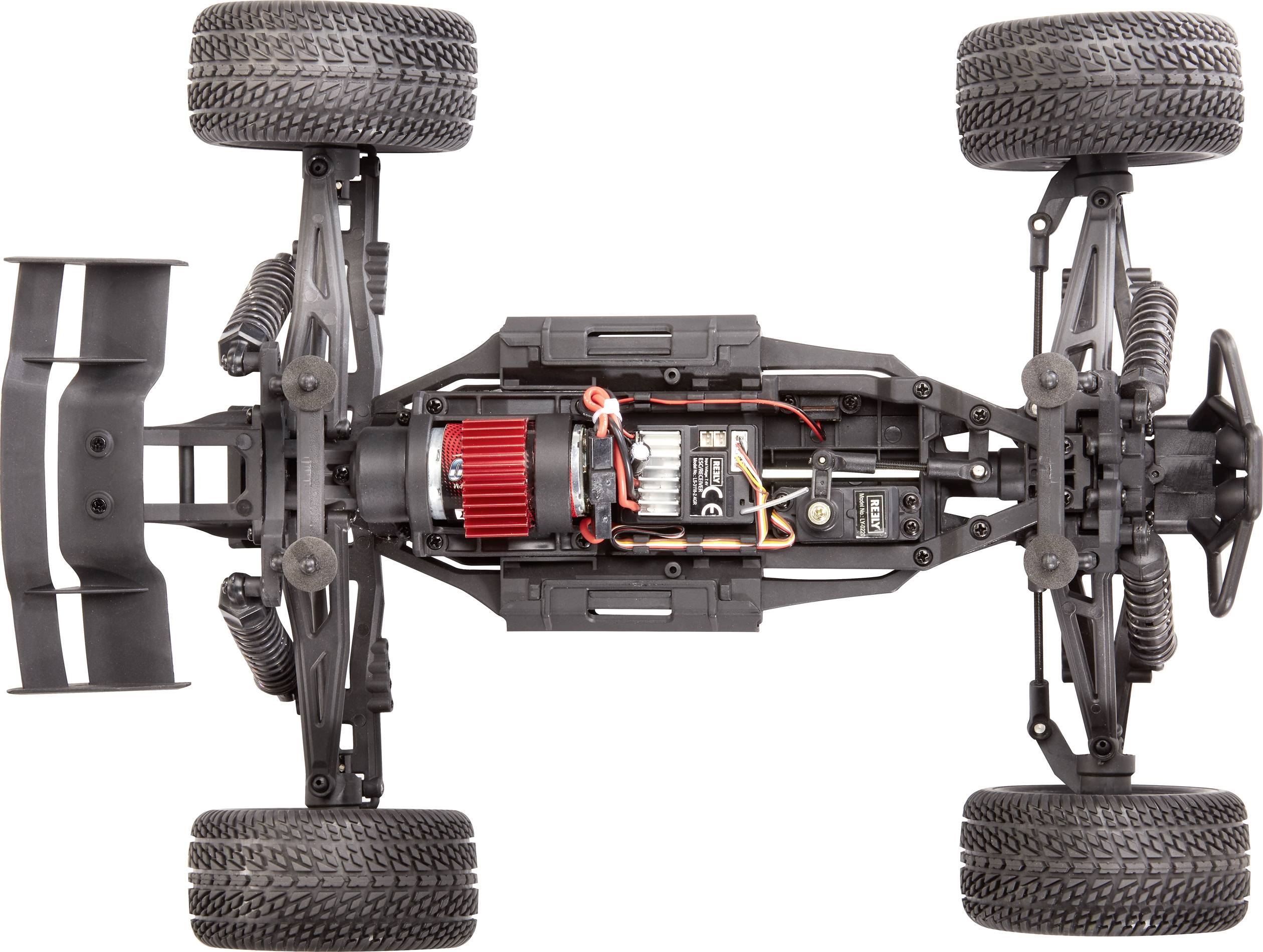 RC-Auto in Draufsicht: Chassis, Motor, Elektronik, Aufhängung und Reifen klar sichtbar. Technik und Struktur im Fokus.