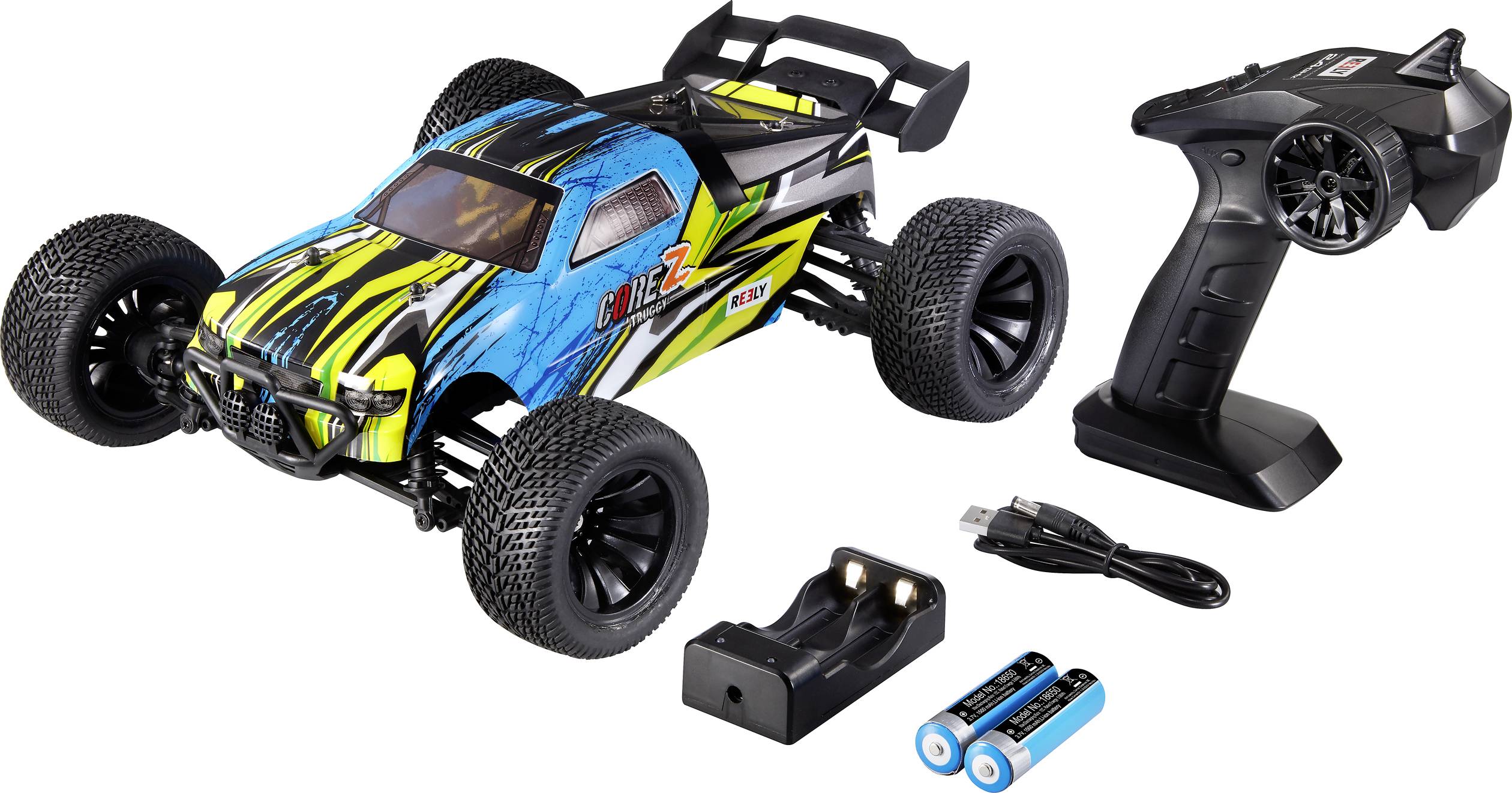 Ferngesteuertes Auto mit blauer Karosserie und schwarzen Streifen, daneben Fernsteuerung, Ladegerät, zwei Batterien und USB-Kabel.