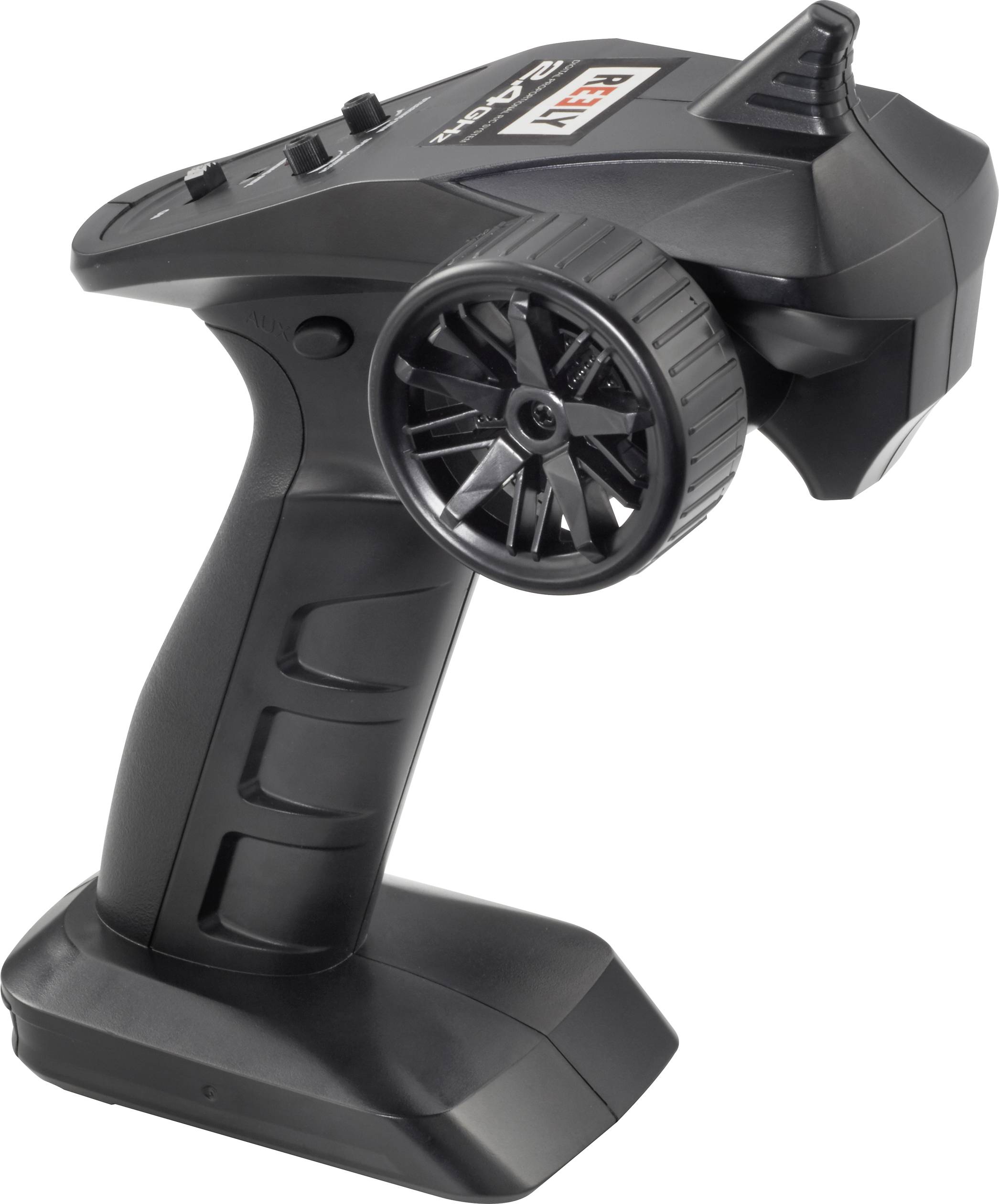 Ein schwarzer Funkfernsteuerungs-Controller mit Lenkrad und mehreren Schaltern, verwendet für die Steuerung von RC-Fahrzeugen.