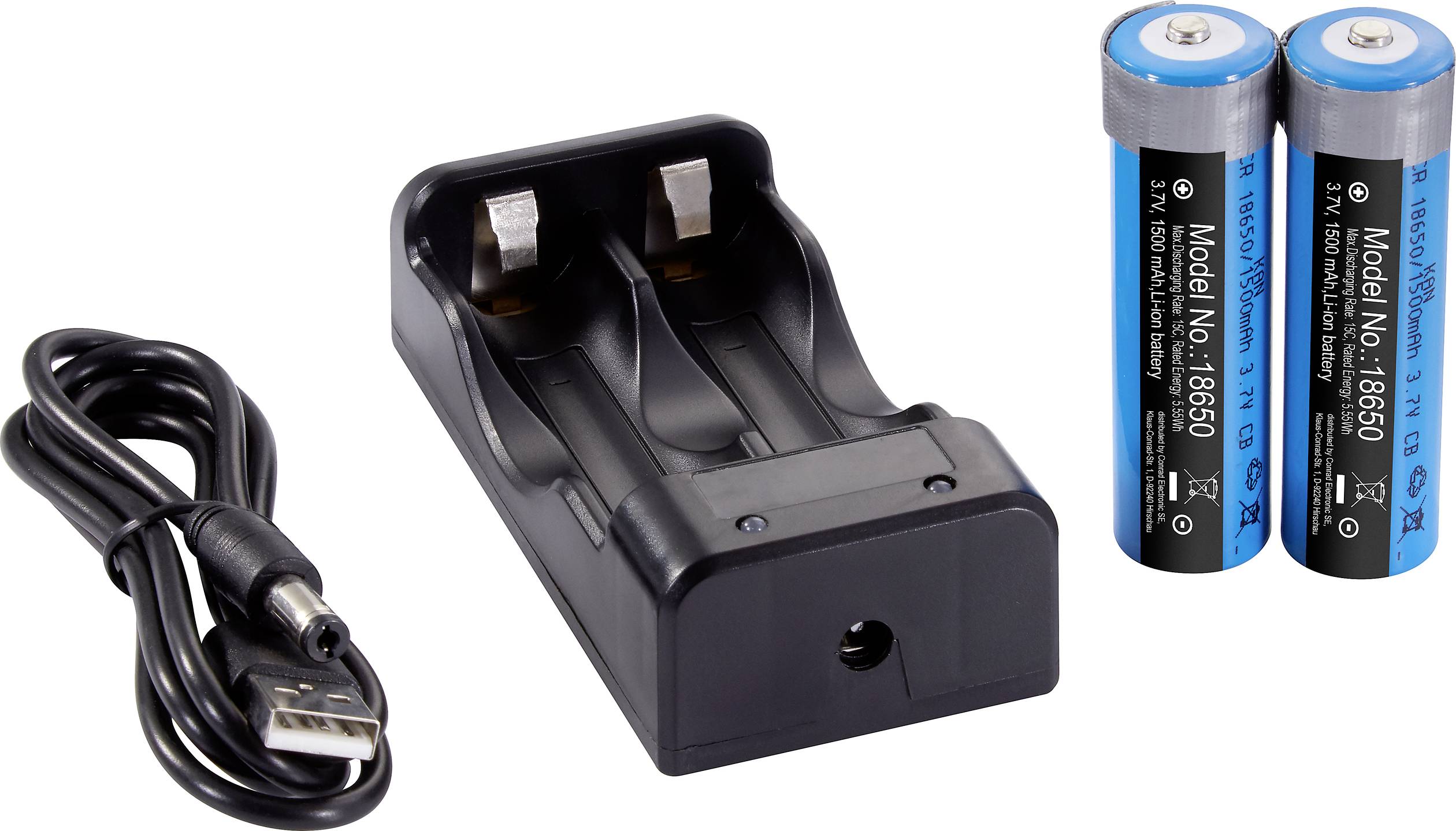 Ladegerät mit zwei Schlitzen für 18650-Akkus, zwei blaue 18650-Batterien und ein USB-Ladekabel. Ideal zum Aufladen von Batterien.