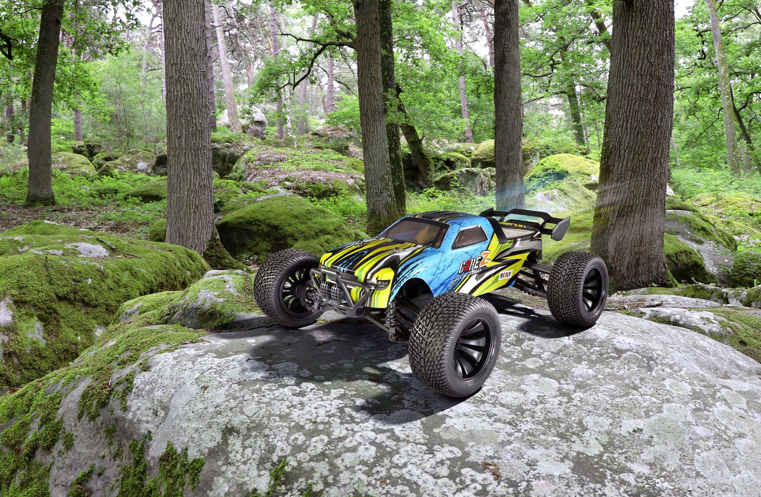 Ein ferngesteuertes Auto mit buntem Muster steht auf einem großen Felsen im Wald, umgeben von hohen Bäumen und grünem Moos.