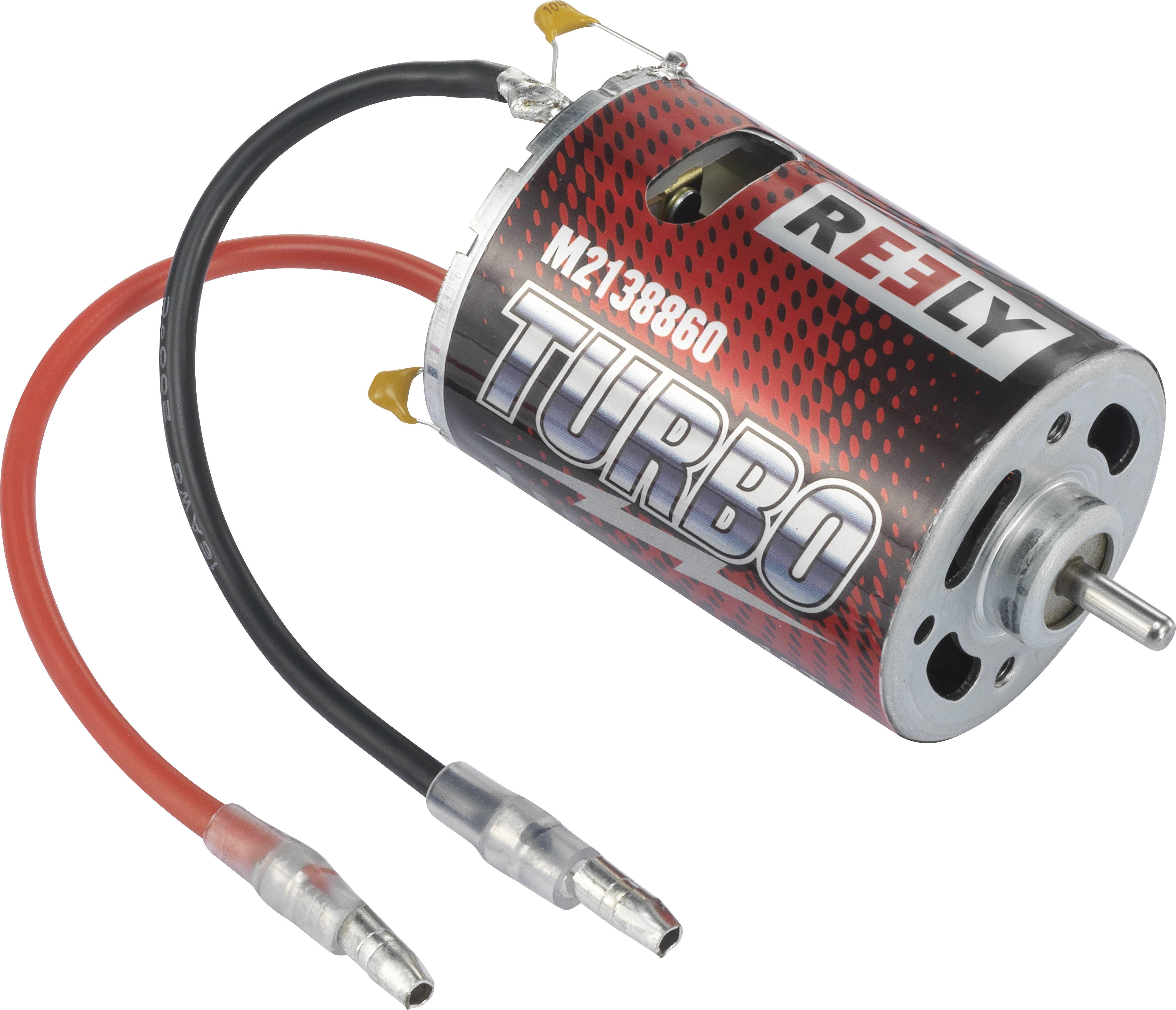 Ein Elektromotor mit der Aufschrift 'Reely Turbo M2138860'. Der Motor hat rote und schwarze Anschlusskabel mit Metallsteckern.