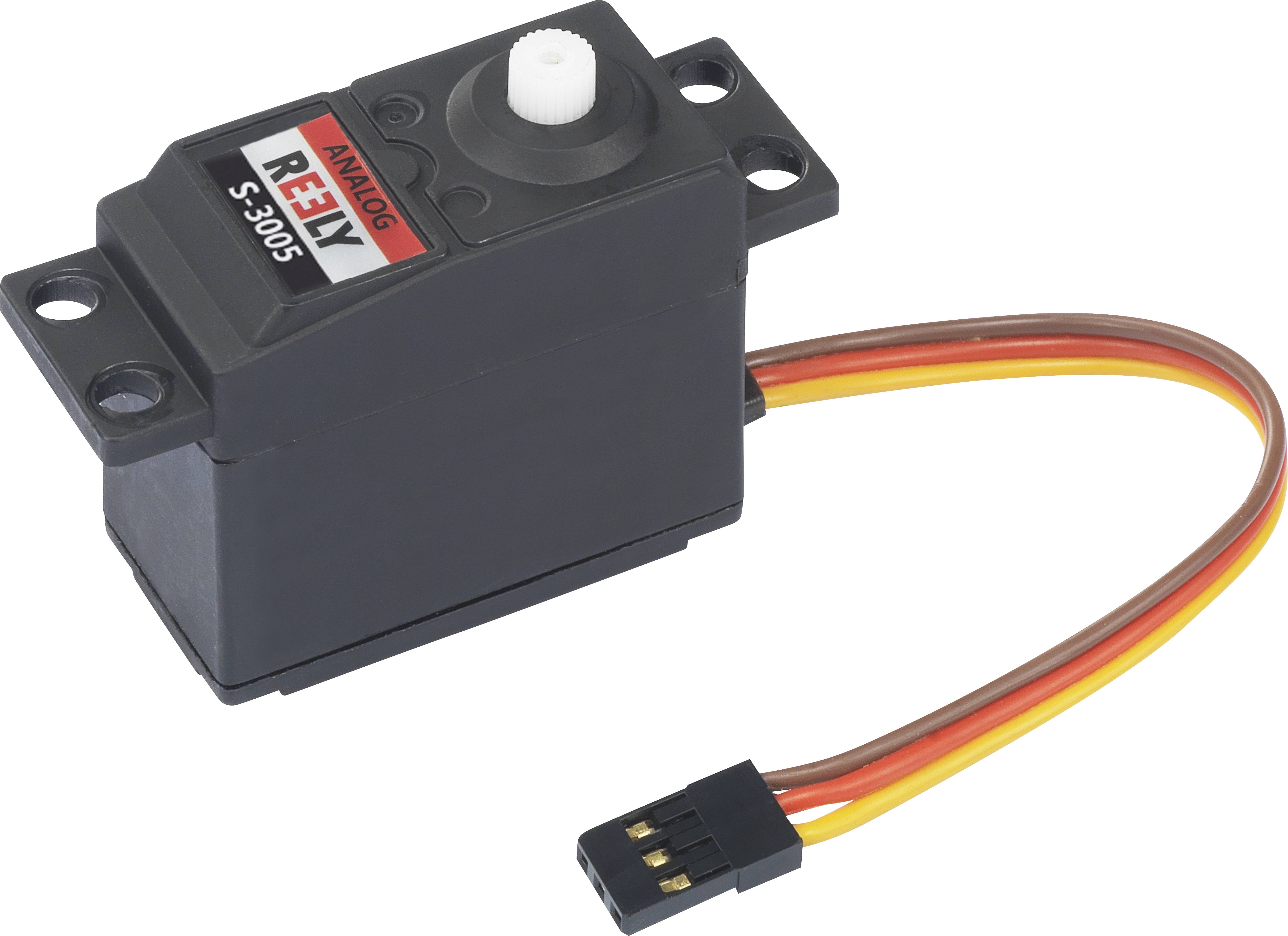 Schwarzes Analogservo mit Kabel und Stecker, Modell 'Reely S-3005'.