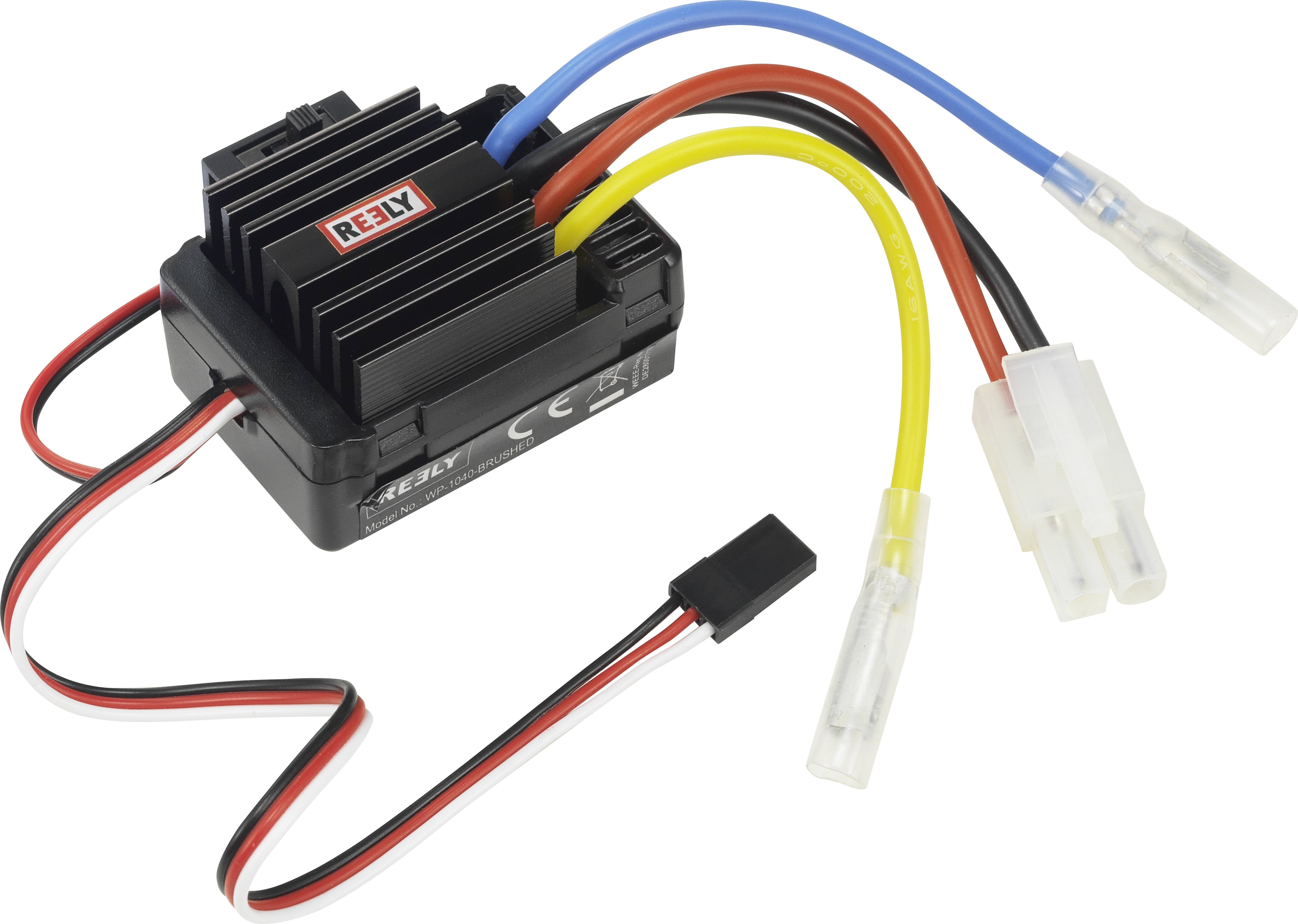 'Elektronischer Geschwindigkeitsregler mit Kabeln und Steckverbindern in verschiedenen Farben, geeignet für ferngesteuerte Fahrzeuge.'