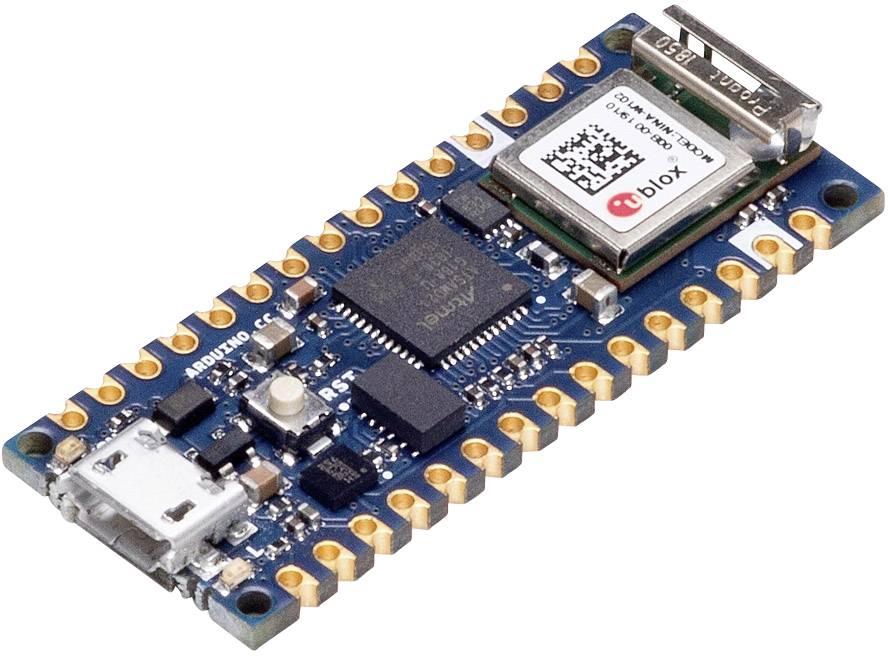 Kleines elektronisches Modul mit Mikrocontroller und u-blox-Funkmodul; zeigt Anschlüsse, Chips und eine USB-Schnittstelle.