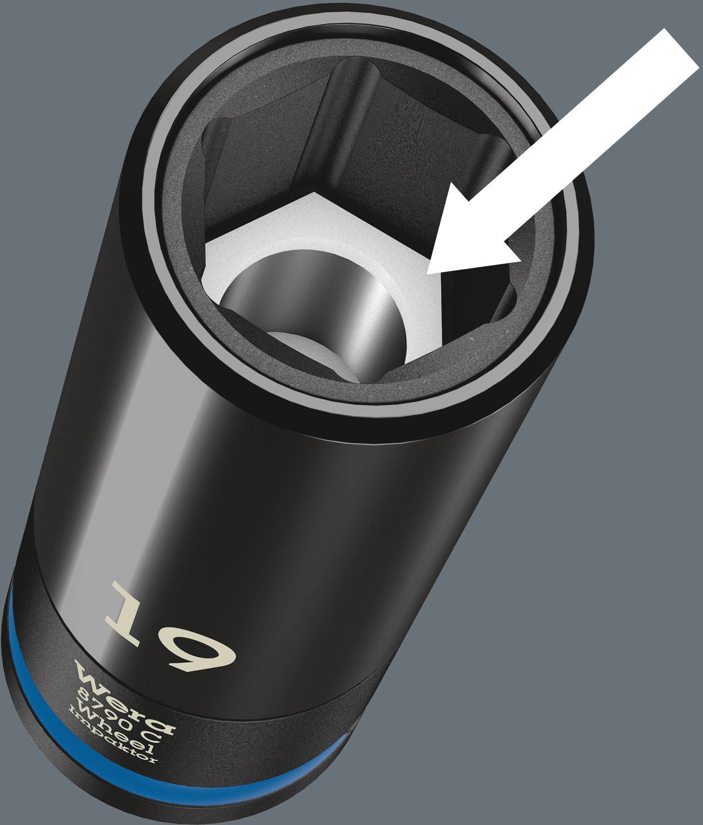 'Impact Wheel Master 19' Stecknuss mit Pfeil, der auf die innere Öffnung weist, auf grauem Hintergrund. Geeignet für Radmuttern.